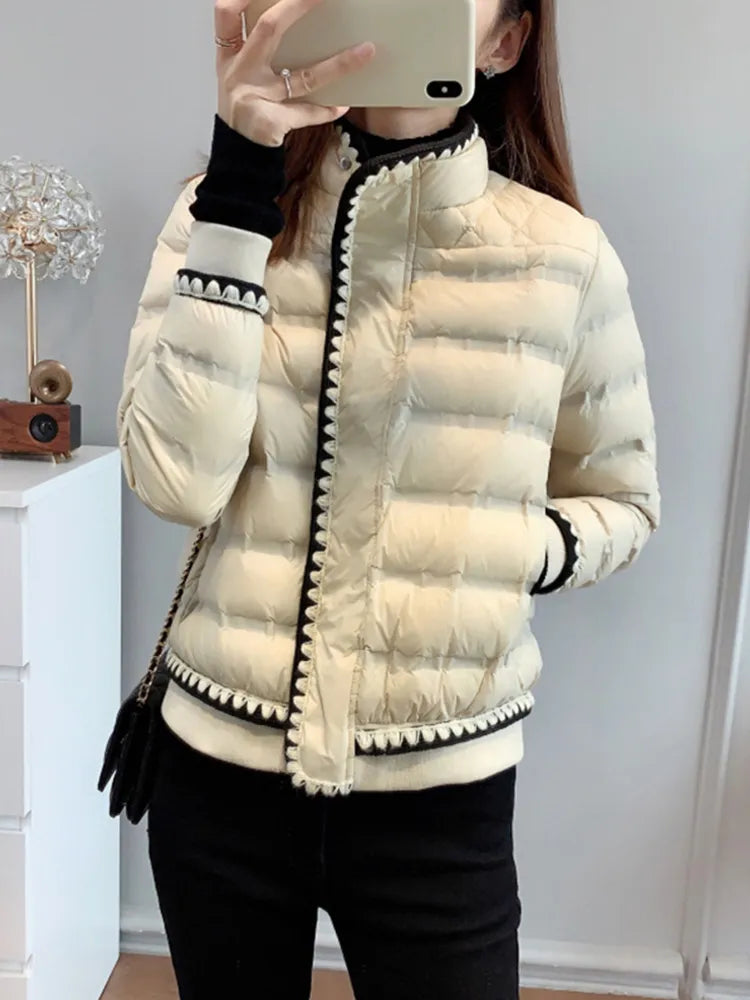 FTLZZ Winter Women 90% White Duck Down Coat Stand Collar Zipper Lace Solid Jacket Thick Warm Snow Parka Outwear