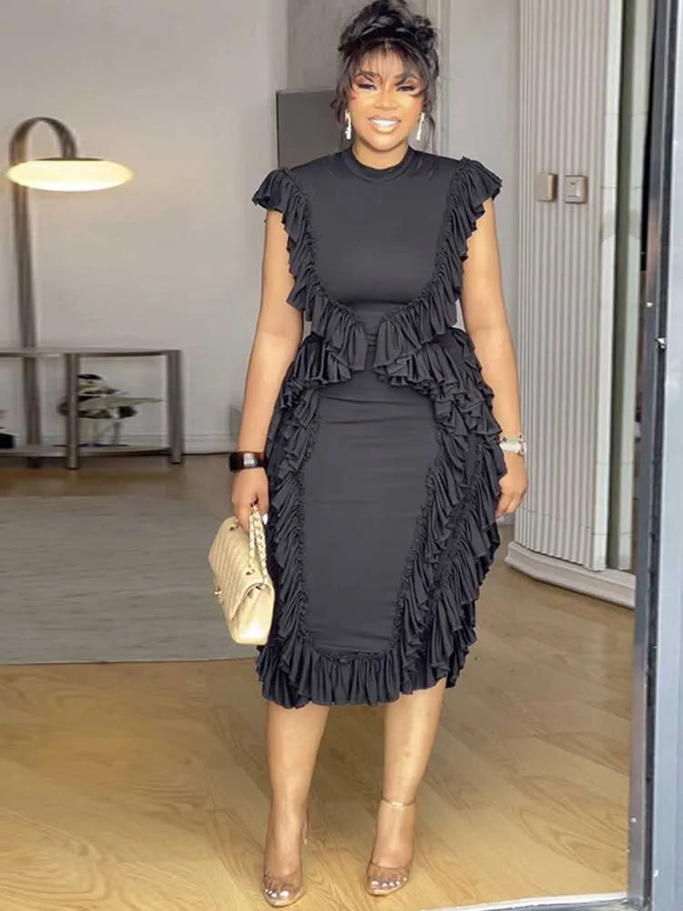 Female Clothing Slim Tank Top Dress Round Neck Casual Elegant Long Black Dress Ruched Knee Length Summer Dress Ladies