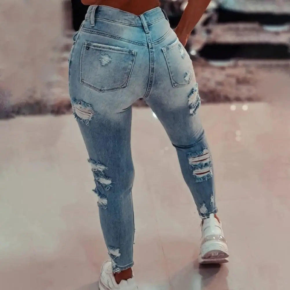 Women Denim Pants Skinny All Match Sexy Middle Waist Skinny Ripped Jeans Sexy Hole Hollow Out Stretch Skinny Denim Trousers