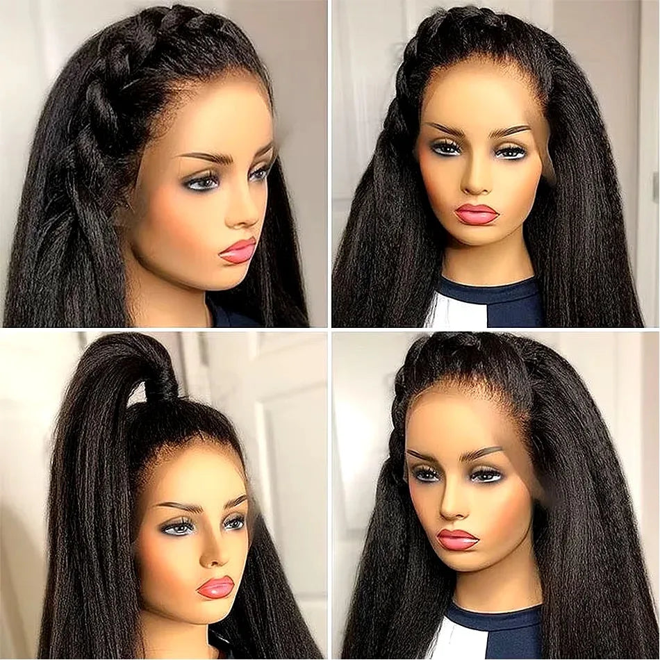 Peruvian Yaki Straight Human Hair Wig Kinky Straight Lace Frontal Wig 13x4 Lace Front Wigs Human Hair Wig For Women