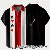 Men Summer Poker Symbol Stripe Print Shirt Casual Beach Short Sleeve Clothing Male Button Lapel Collar Shirt Fashion Leisurewear