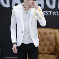 2022 New Men's Fashion Gold Print Groom Wedding Dress Suits Jackets Male Casual Blazer