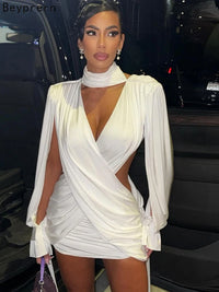 Beyprern Elegant Choker Neck Cut-Out Twist Front Short Dress Holiday Outfits Women Hollow Out Ruched Party Dress Female Vestidos