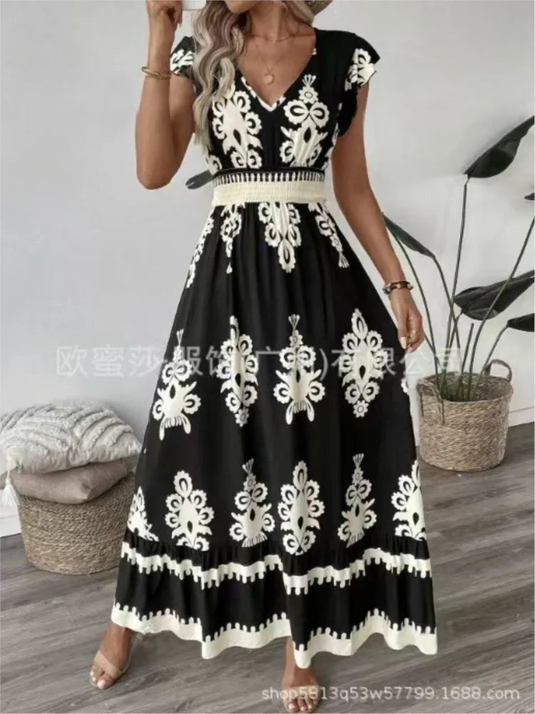 Women's Holiday Wind Beach Print Dress Summer Fashion High Waist Slim Body Casual V Neck Swing Elegant Ladies Office Long Dress