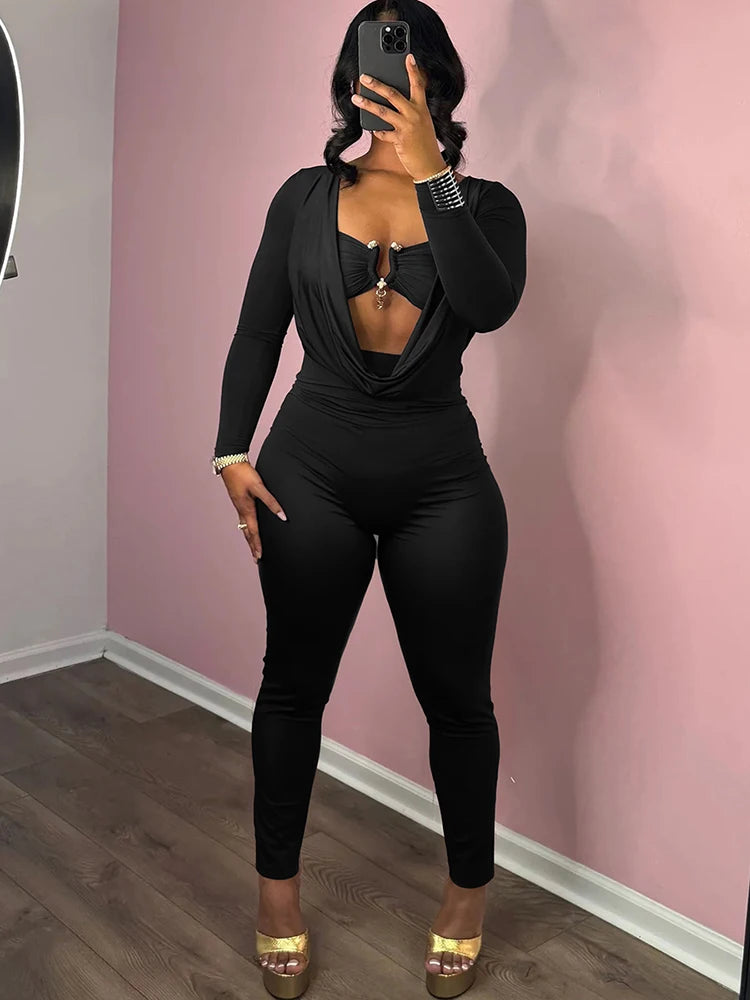 Sisterlinda Swinging Neck Slim Jumpsuits Sexy Hot Solid Cleavage Full Sleeve Elastic Overalls+Inside Chest Tanks Mujer Clubwear
