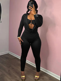 Sisterlinda Swinging Neck Slim Jumpsuits Sexy Hot Solid Cleavage Full Sleeve Elastic Overalls+Inside Chest Tanks Mujer Clubwear