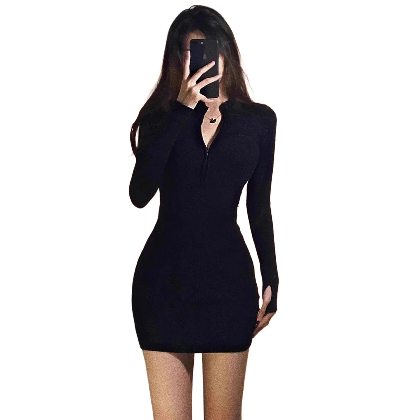 Slim Fit Long Sleeve V-Neck Dress Sexy Black Mini Dress for Women Autumn Winter Fashion Street Style Polyester Spandex Blend
