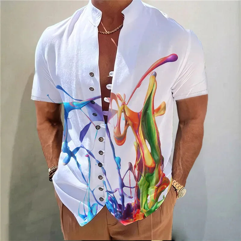 Men's Shirts New Print Button Short Sleeves Shirt Fashion Stand Collar Loose Fitting Men's Shirts Casual Streetwear Comfortable