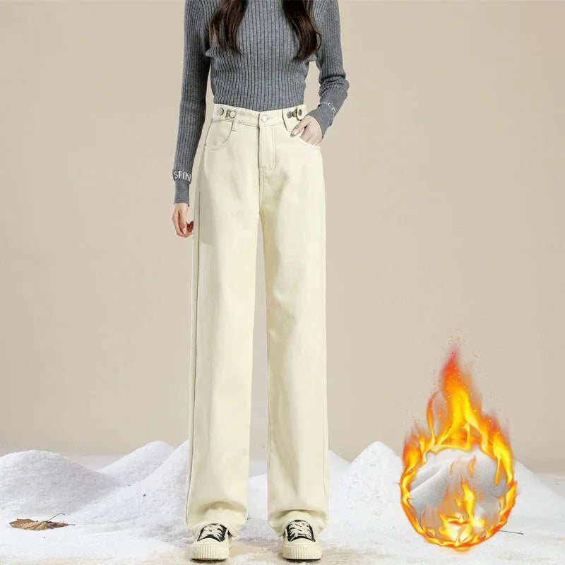 Plus Velvet Denim Pants for Women Autumn Winter New Thickened Baggy Straight Jeans Ladies Casual Versatile Wide Leg Trousers
