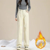 Plus Velvet Denim Pants for Women Autumn Winter New Thickened Baggy Straight Jeans Ladies Casual Versatile Wide Leg Trousers