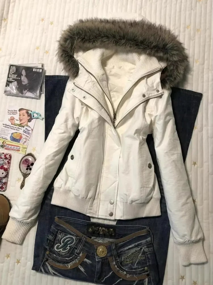 Winter Street Fashion Fur Collar White Zipper Hooded Short Jacket Women Casual Thicken Warm Coat Y2k Harajuku Sweet Outwear New
