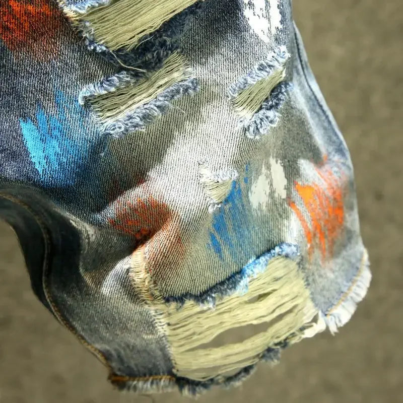 Men's Short Jeans Pants Multi Color Ripped Graffiti Male Denim Shorts Korean Fashion Blue New in Cut Emo Trend 2024 Original Xl