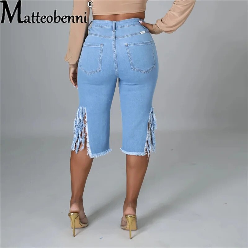 2021 Summer Bermuda Shorts Women Ripped Cotton Knee Length High Waist Casual Denim Shorts Ladies Blue Sexy Straight Jean Shorts