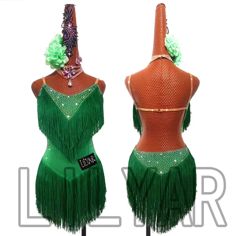 Latin Dance Dress Competition Costumes Skirt Performing Rhinestones Adult Children Tassel Various Color Red  White