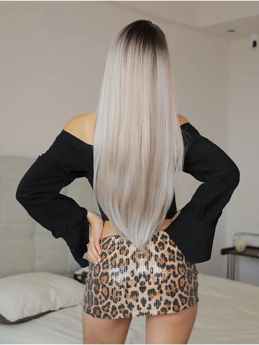 Natural Looking Black and white hair  28 Inch Straight Hair Wig Synthetic Heat Resistant Wigs For Women