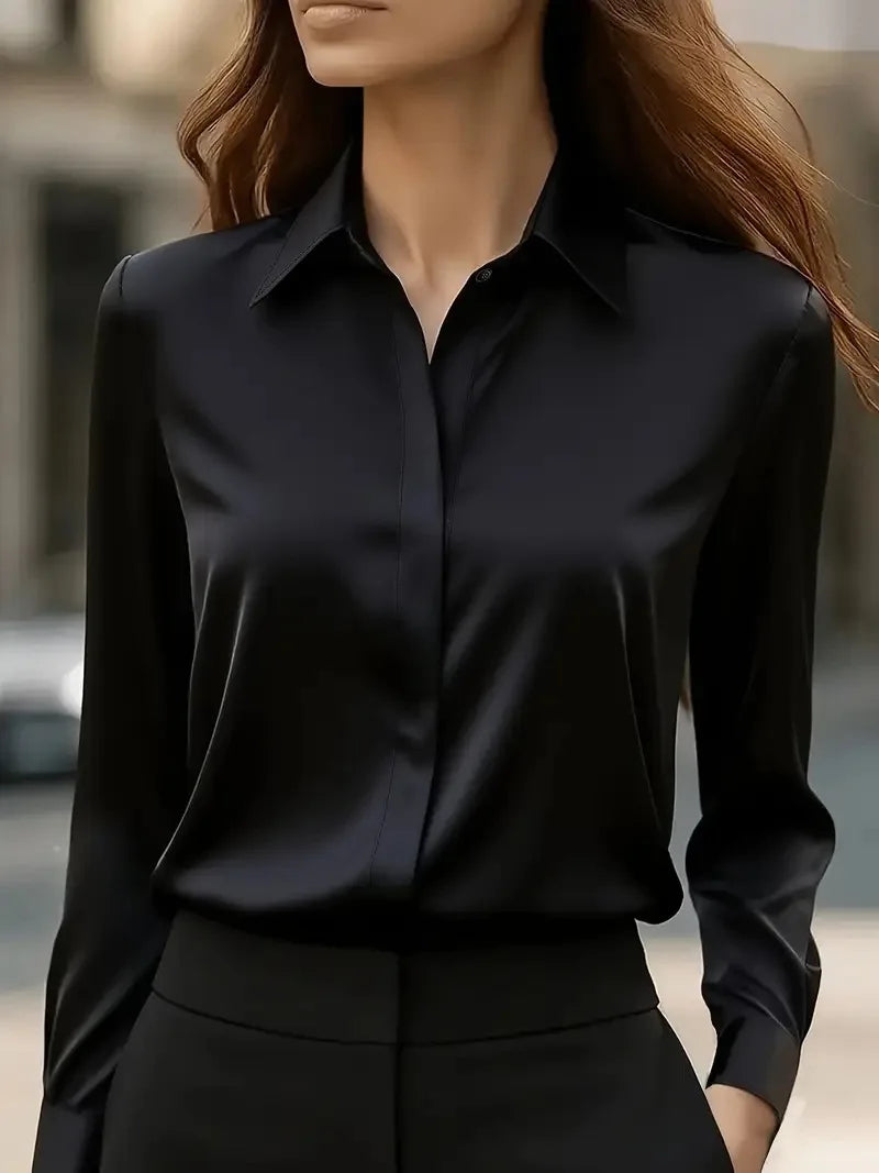 2025 New Women's Long-sleeved Shirt 10 Color Lapel Satin Button Cardigan Office Commuting Elegant Simple Top Basic Blouses
