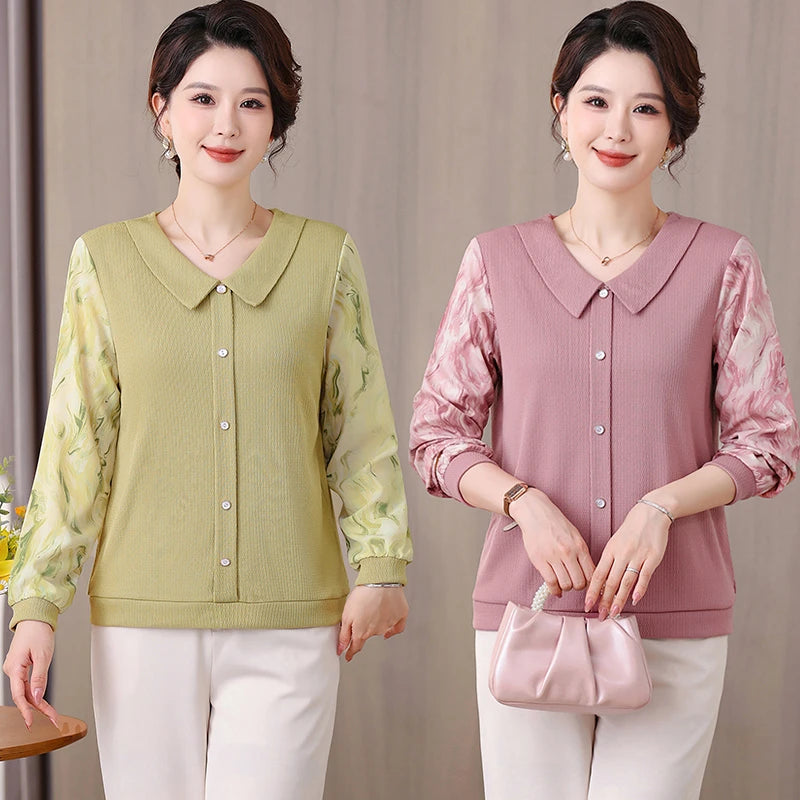 Women Spring  Chiffon Blouses Shirts Lady Casual Turn-down Collar Patchwork Chiffon Blusas Tops