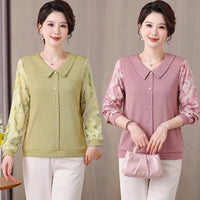 Women Spring  Chiffon Blouses Shirts Lady Casual Turn-down Collar Patchwork Chiffon Blusas Tops