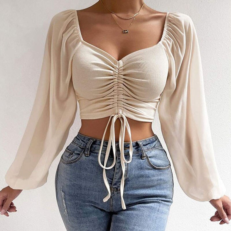 Chiffon Drawstring Crop Top Women Spring Summer Lantern Sleeve V-Neck Fashion Blouses Hight Street Skinny Sexy Shirt Y2K Clothes