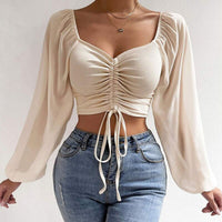 Chiffon Drawstring Crop Top Women Spring Summer Lantern Sleeve V-Neck Fashion Blouses Hight Street Skinny Sexy Shirt Y2K Clothes