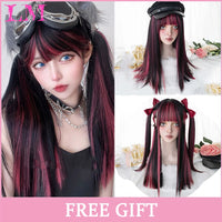 LM Synthetic Black Wig with Long Ponytail Short Straight Wig Lolita Cosplay Party Harajuku Blonde Wig With Bangs for Women
