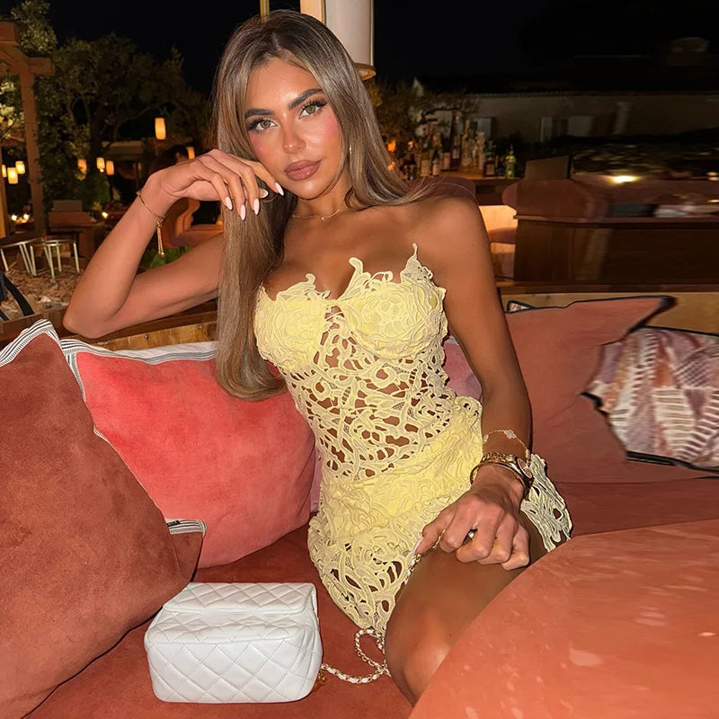 Sexy Solid Color Hollow Out Dress Women's Slim Sleeveless Backless Mini Dresses 2026 Summer New Lady Bohemian Beach Resort Wear