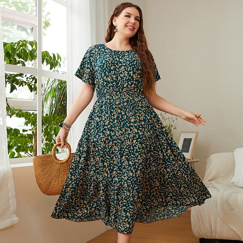 KEBY ZJ Big Size Women&#39;s Clothing Dress Summer O-Neck Floral Print Midi Dresses Urban Elegant Casual Ladies Plus Size Long Dress