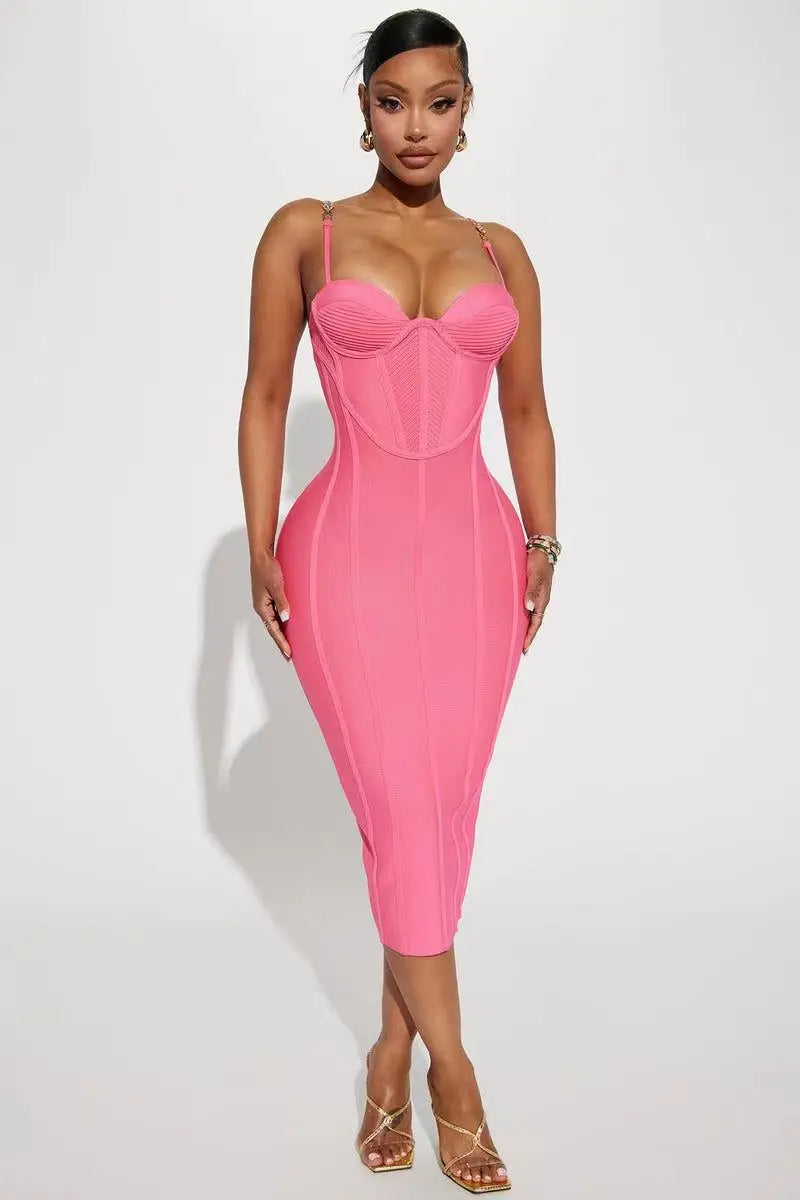 New Pink Color Women Sleeveless Sexy Square Collar Bodycon Bandage Mid-calf Dress Nightlcub Party Celebrate Birthday Dress