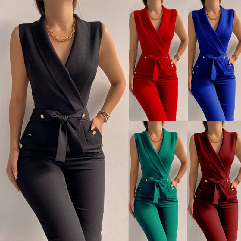 Women Jumpsuits Pants Sleevless V-neck Buttons Pocket Slim Elegant Bodysuits Rompers Outfits Trousers Causal Ladies Overalls