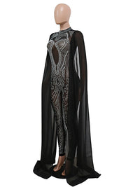 Sexy Beautiful Cape Sleeve Mesh Crystal Jumpsuits Women Rompers Luxury See-Through Outfits