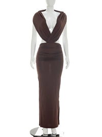 Sibybo Sexy Deep V-Neck Backless Women Maxi Dress Brown Sleeveless Ruched Slim High Waist Long Dress Elegant Evening Party Dress