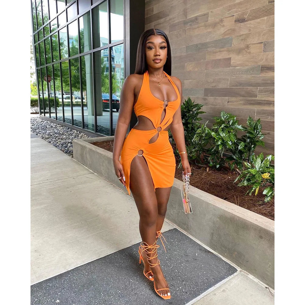 2023 Summer New Halter Dresses Sexy Slim Women's Dress Sleeveless Backless High Split Elegant Dres Party Club Hollow Mini Skirt 2023 Summer New Halter Dresses Sexy Slim Women's Dress Sleeveless Backless High Split Elegant Dres Party Club Hollow Mini Skirt