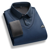 Men's Fleece Lined Sweater Polo Collar Pullover Tops Fake Two Piece Fashion Business Causal Pullovers Thick Winter Clothes