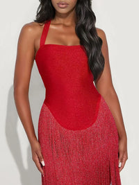 Vintage Sleeveless Halter Tassel Hem Dress Hot Girl Sleeveless Hollow Out Swing Dress Sexy Cocktail Party Backless Women's Dress
