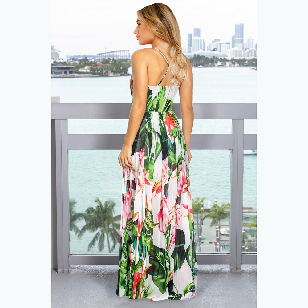 New Spring Summer Women Casual Tropical Boho Floral Print Evening Party Beach Long Maxi Straps Dresses Sexy Backless Sundress