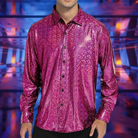 2025 Shirt Men Button Metallic Disco Shirt 70s Costume Men Gold Shirts For 70s Party Nightclub Wear Music Festival Men's Top