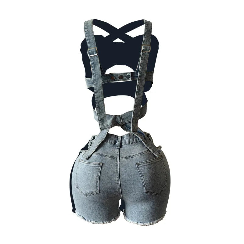 2 Piece Sets Women Denim Shorts Suit Sexy Vest Top Strap Backless Jeans Short Pants Pockets Outfits 2025 Streetwear Ensemble