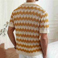 Mens Beach Vintage Striped Crochet Knit Cardigans Men Summer Trendy Lapel Button-up Shirt New Casual Hollow Out Knitted Shirts