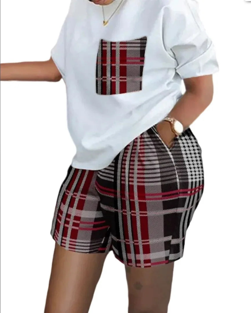 Women Print Two Piece Shorts Sets Matching Sets Short Sleeve T Shirts Pockets Elastic Waist Trousers Y2k Tops Suits Summer 2025