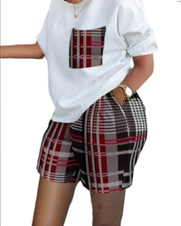 Women Print Two Piece Shorts Sets Matching Sets Short Sleeve T Shirts Pockets Elastic Waist Trousers Y2k Tops Suits Summer 2025