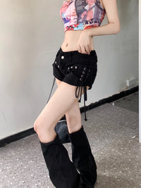 American Retro Black Sexy Mini Jean Shorts Women Y2k Summer New Low Wasit Micro Short Jeans Woman with Bandage Korean Fashion