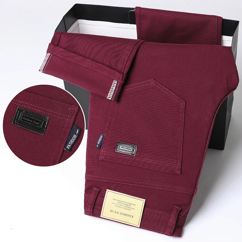 Wine Red Jeans Men Fashion Casual Classic Style Business Straight Slim Fit Trousers Male Advanced Pants 6 Colors Plus Size 28-44