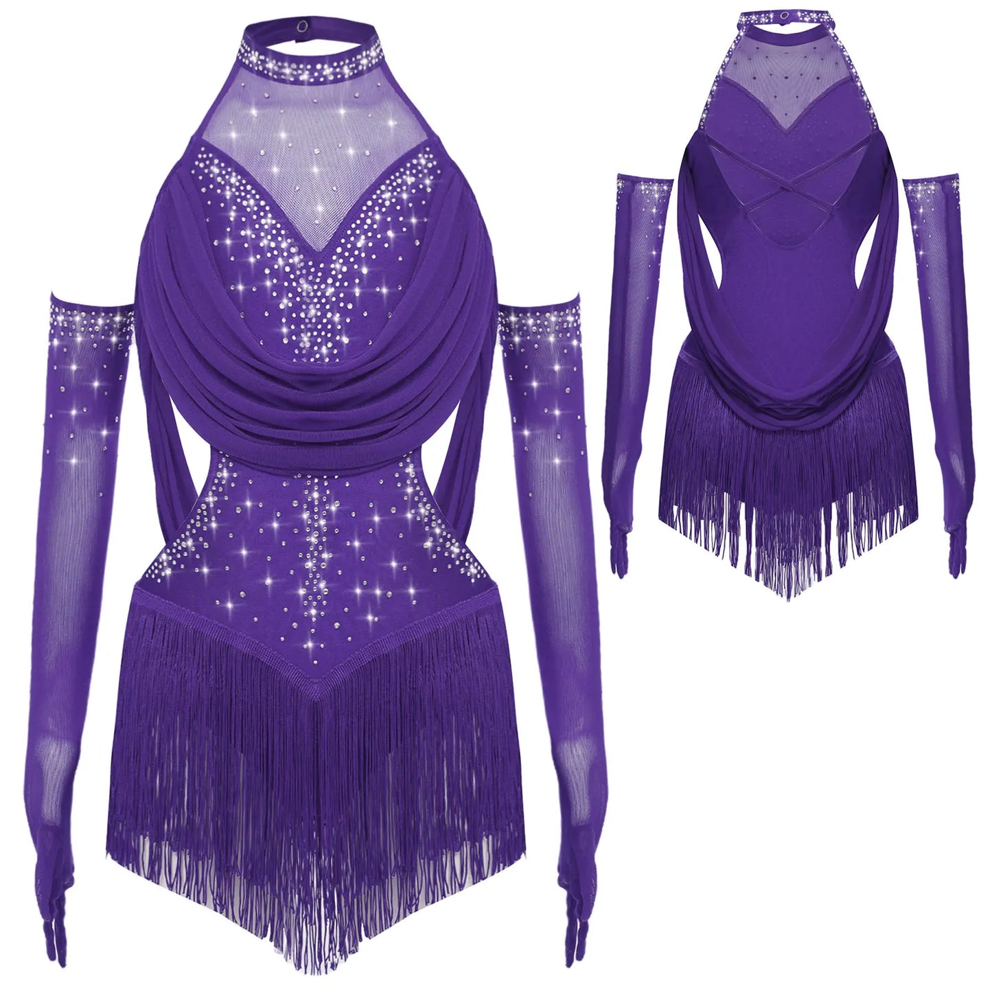 Girls Latin Jazz Rumba Samba Dance Costume Salsa Set Ruched Mesh Drapes Cutout Leotard with Tassel Skirts and 1 Pair Mesh Gloves