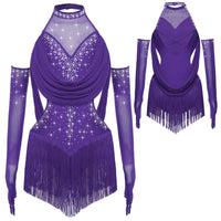 Girls Latin Jazz Rumba Samba Dance Costume Salsa Set Ruched Mesh Drapes Cutout Leotard with Tassel Skirts and 1 Pair Mesh Gloves