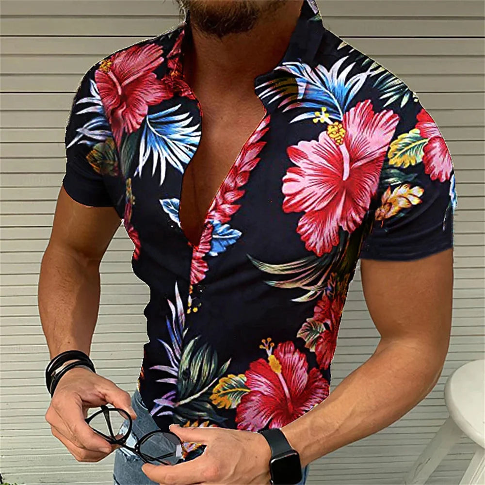 Men's retro plaid short sleeved flip collar printed shirt for street leisure and high-quality vacation designer clothing