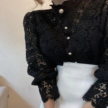 Shirt Women Blusas Mujer De Moda Office Lady Flower Blouse Spring Hollow Out Lace  Stand Collar Button Female Clothing 12419