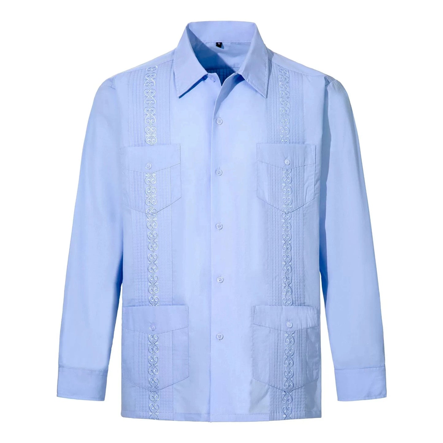 2026 New Men's Guayabera Shirts Four Pockets Embroidered Long Sleeve Shirts for Men Blue Mexican Cuban Button Dress Shirt