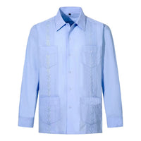 2026 New Men's Guayabera Shirts Four Pockets Embroidered Long Sleeve Shirts for Men Blue Mexican Cuban Button Dress Shirt