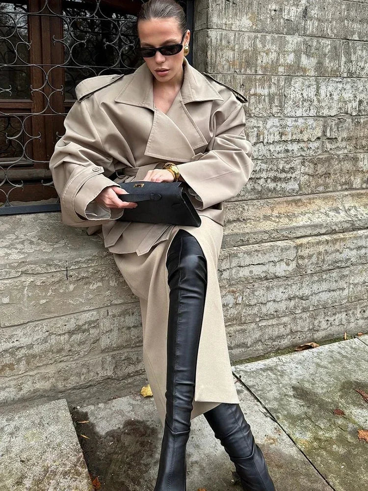 Women V-neck Lapel Belt Trench Coat Fashion Lace Up Full Sleeve Button Short Thin Windbreak 2025 New Lady Daily Street Outerwear