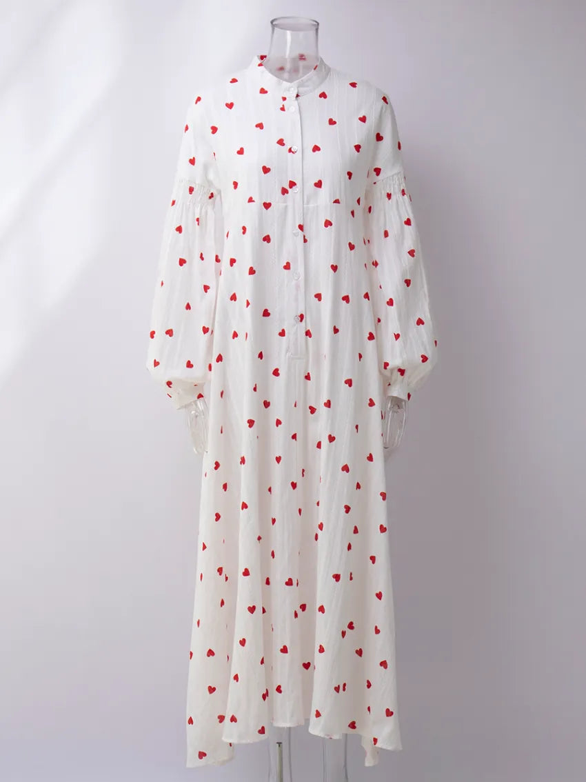 Bornladies Jacquard Heart Print Long Sleeve Dress Women Fashion Loose Vestidos Vintage Female A-line 100% Cotton Summer Dress